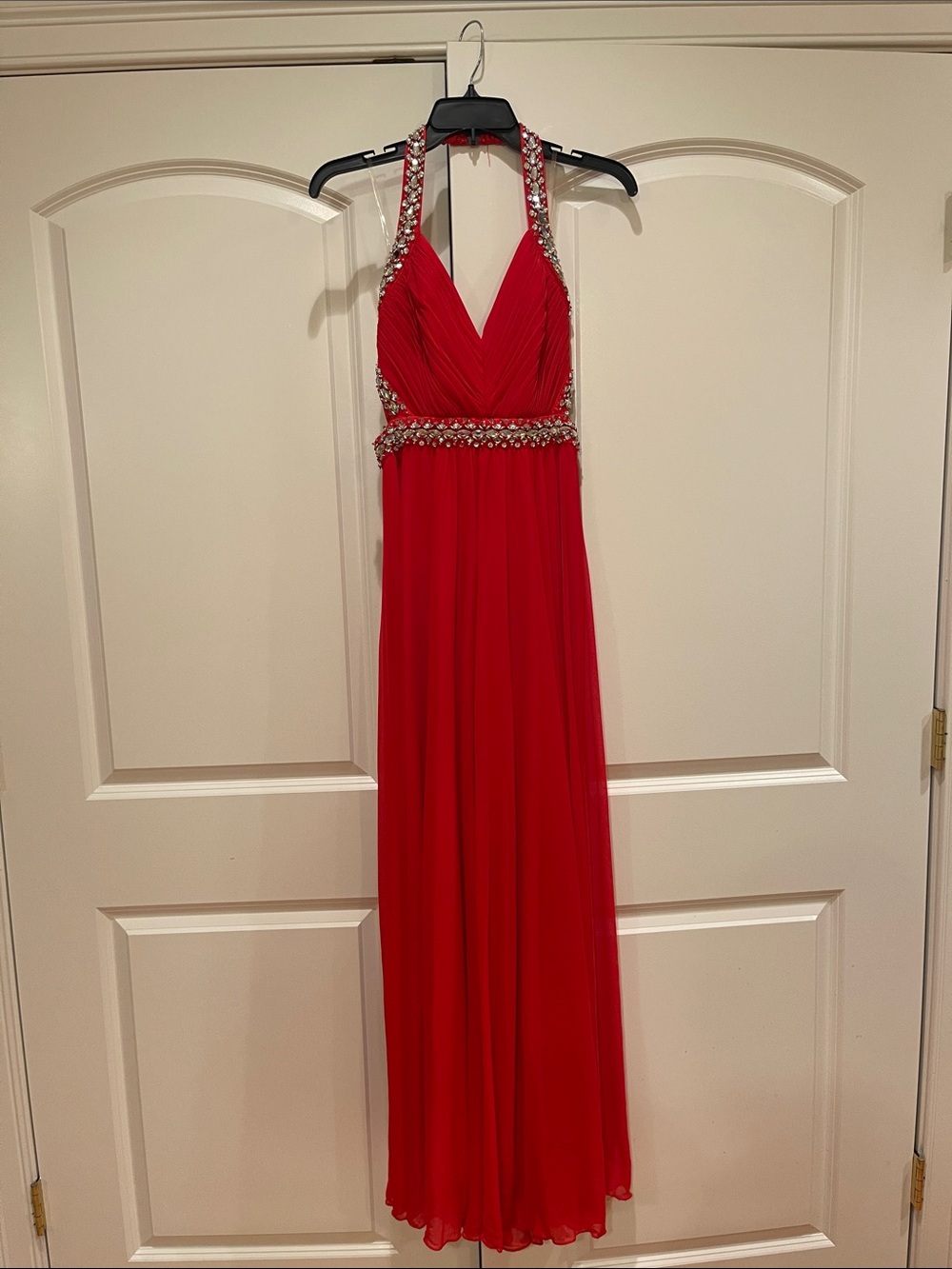 Sequin Hearts Sz 3 Red Jeweled Halter Prom and Evening Gown